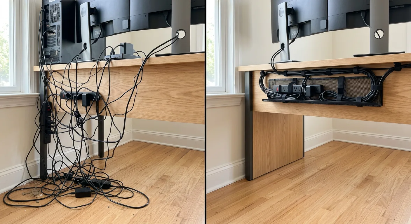 Vorher/Nachher: chaotische Kabel gegenüber ordentlich geführten Kabeln unter dem Schreibtisch