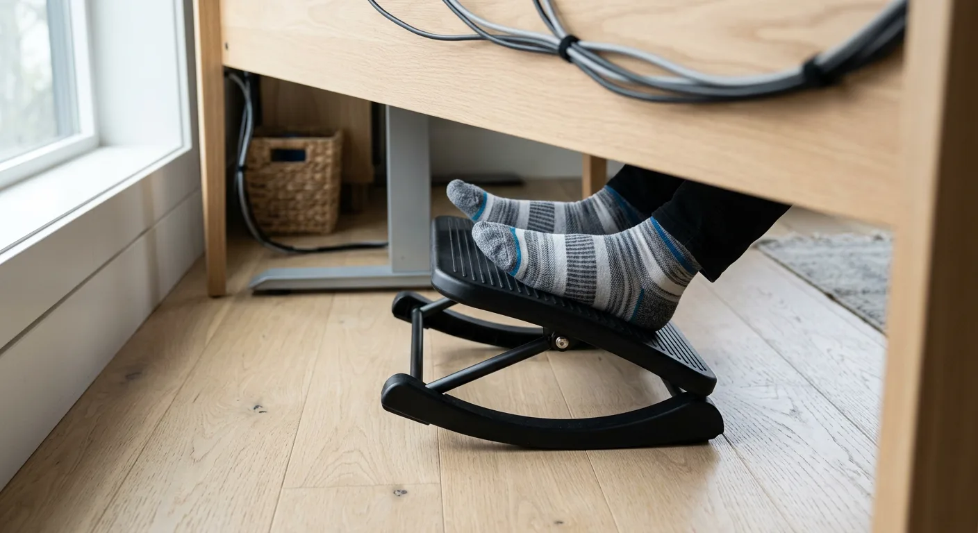 Ergonomische Fußstütze unter einem Schreibtisch mit korrekt abgestützten Füßen