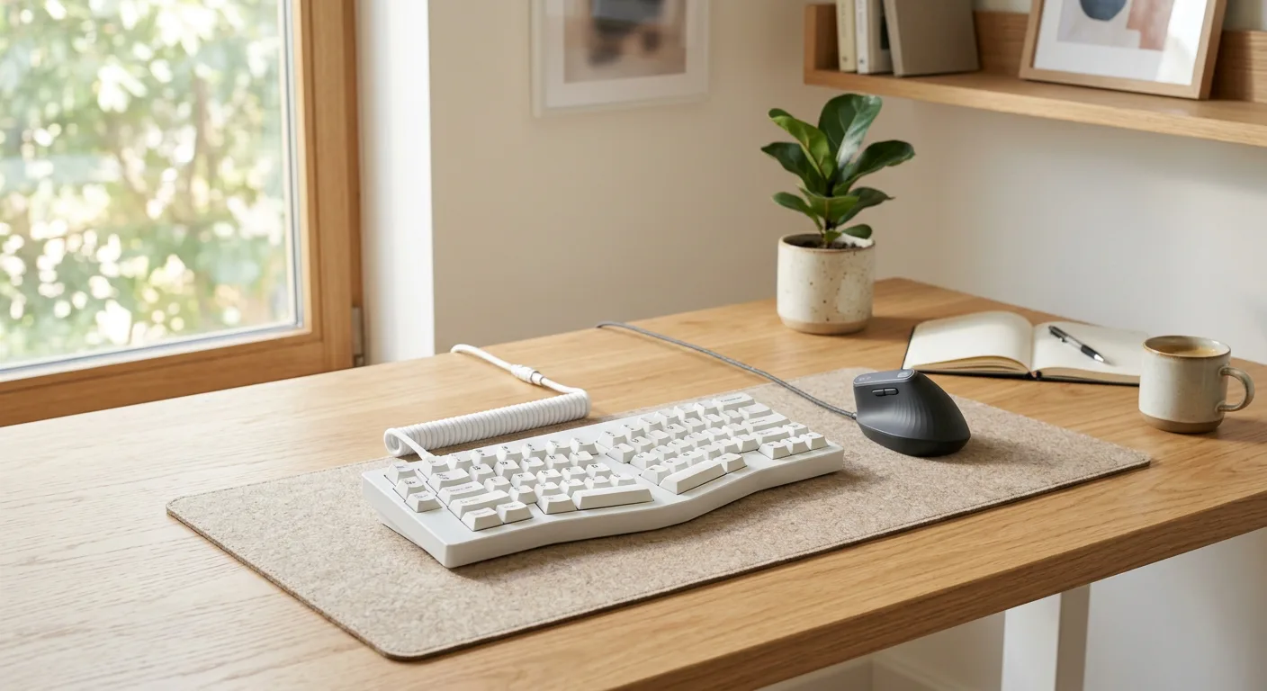 Ergonomische Split-Tastatur und Vertikalmaus auf einem Schreibtisch
