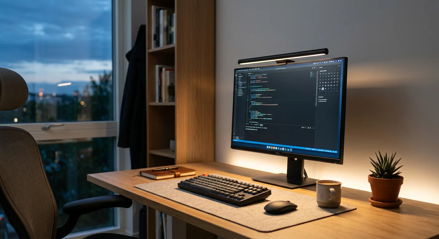 Monitor-Lichtleiste über einem Bildschirm beleuchtet den Schreibtisch ohne Spiegelung